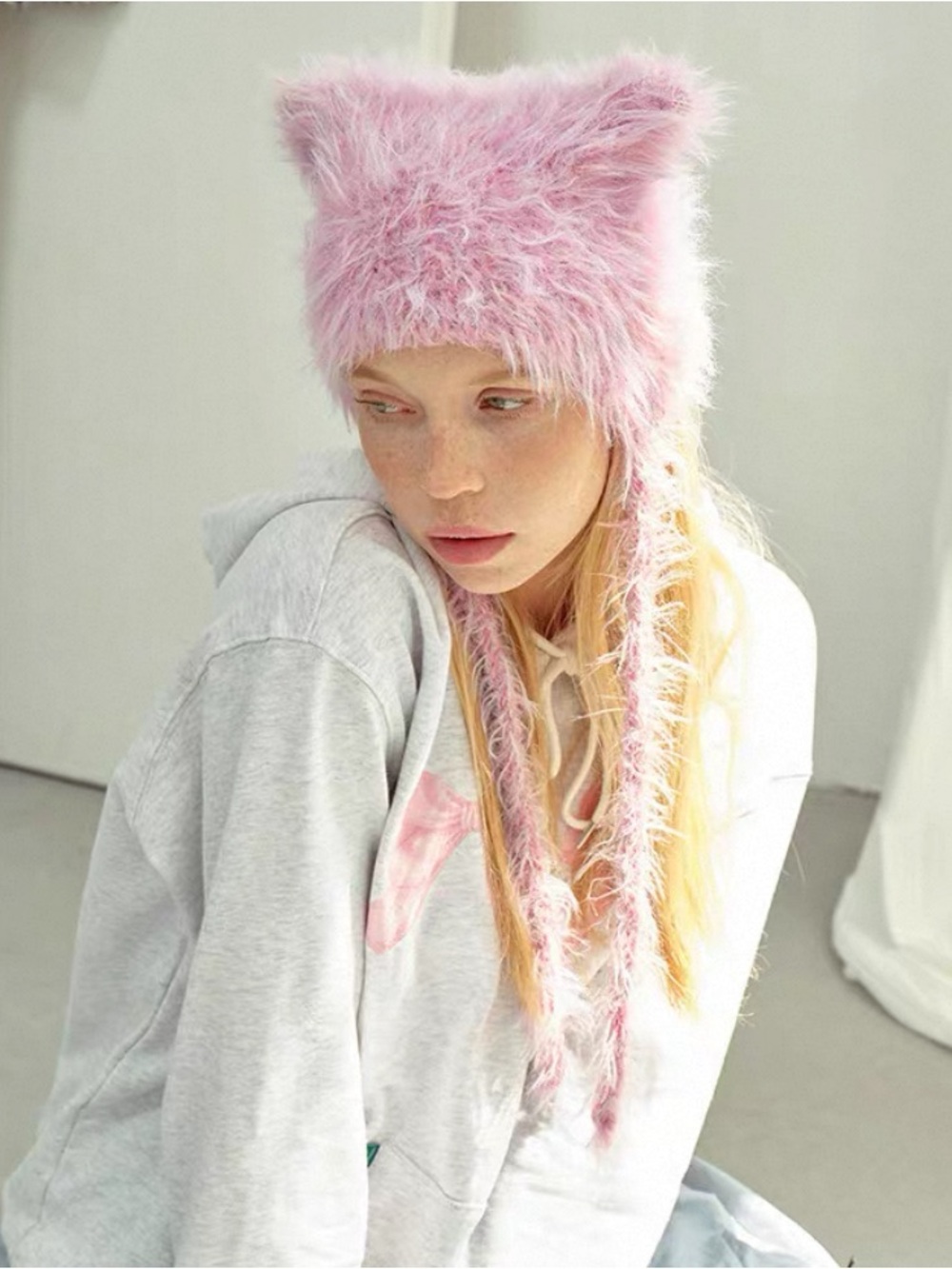 Pink Fuzzy Cat Ear Beanie Hat